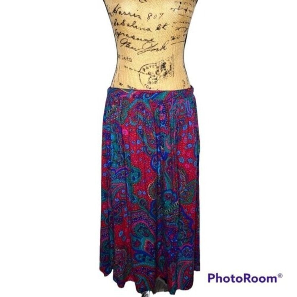 Vintage 90s Darian Bright Colorful Boho Pattern Midi Skirt Rayon size 10 Large